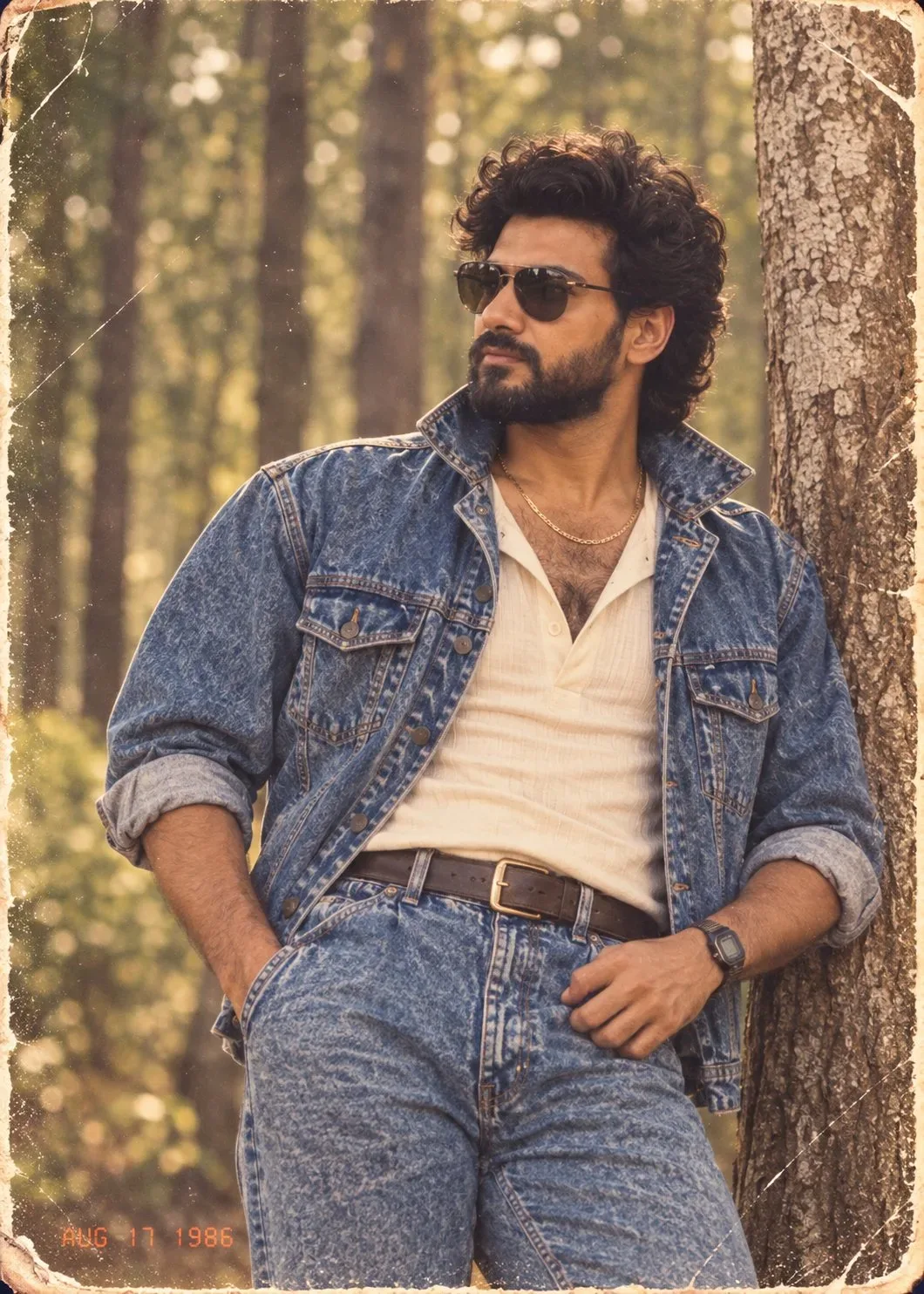 Vintage 1980s Retro Male Forest Portrait Leaning on Pine Tree in Double Denim Prompt