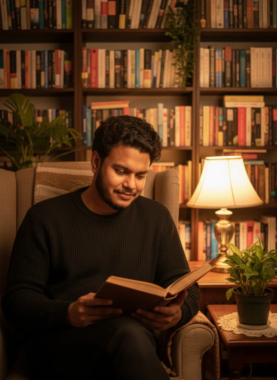 Cozy Evening Read in a Warm Library Nook