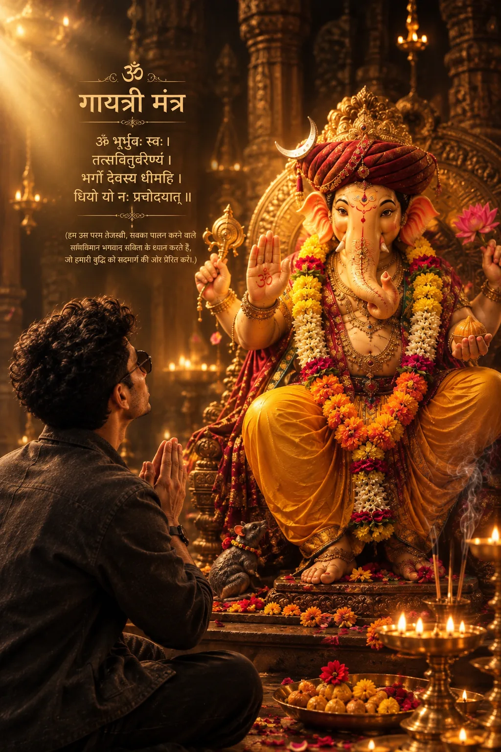 Ultra realistic cinematic devotional portrait of lord ganesha seated majestically