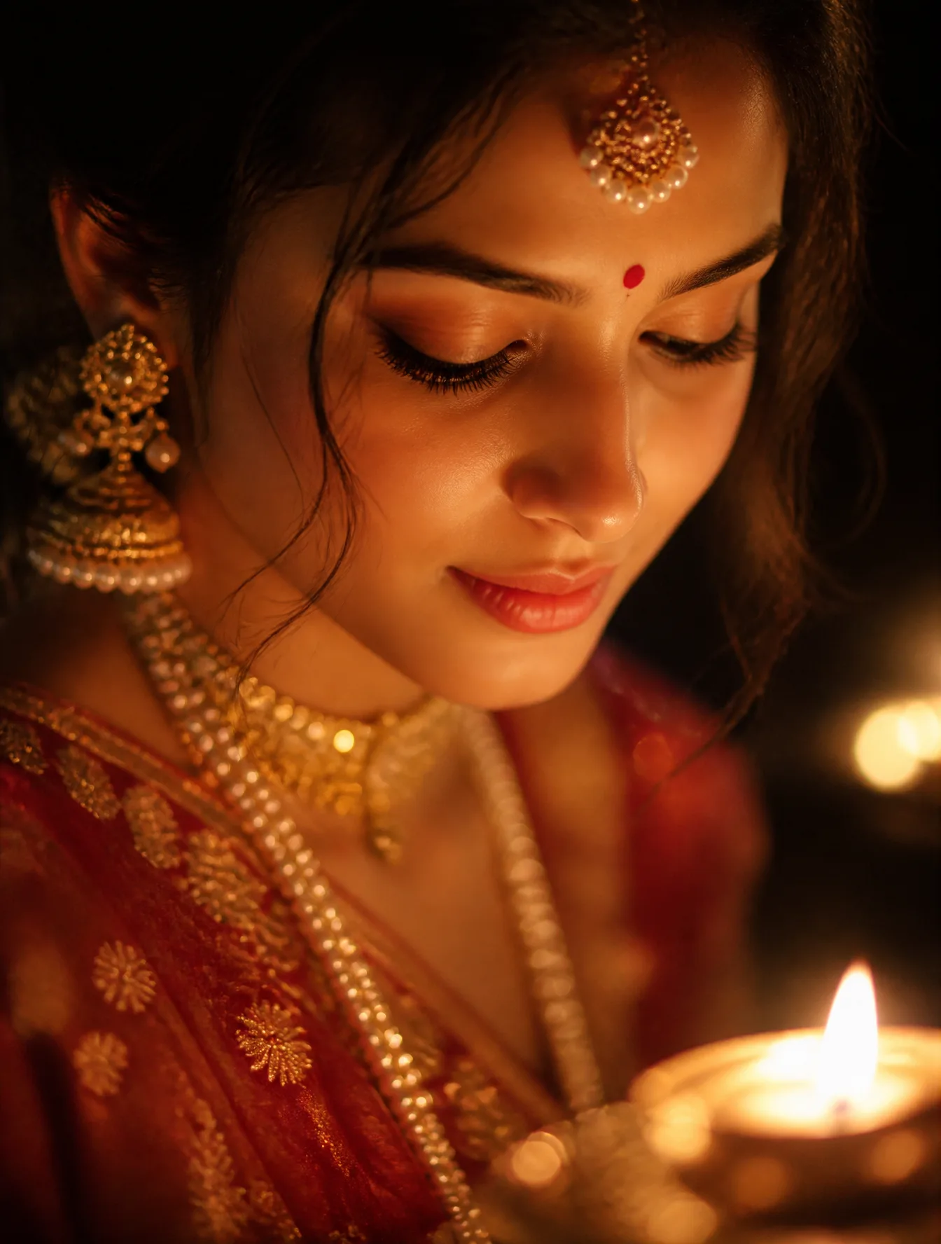 Warm Candlelight Diwali Female Portrait with Brass Diya Prompt