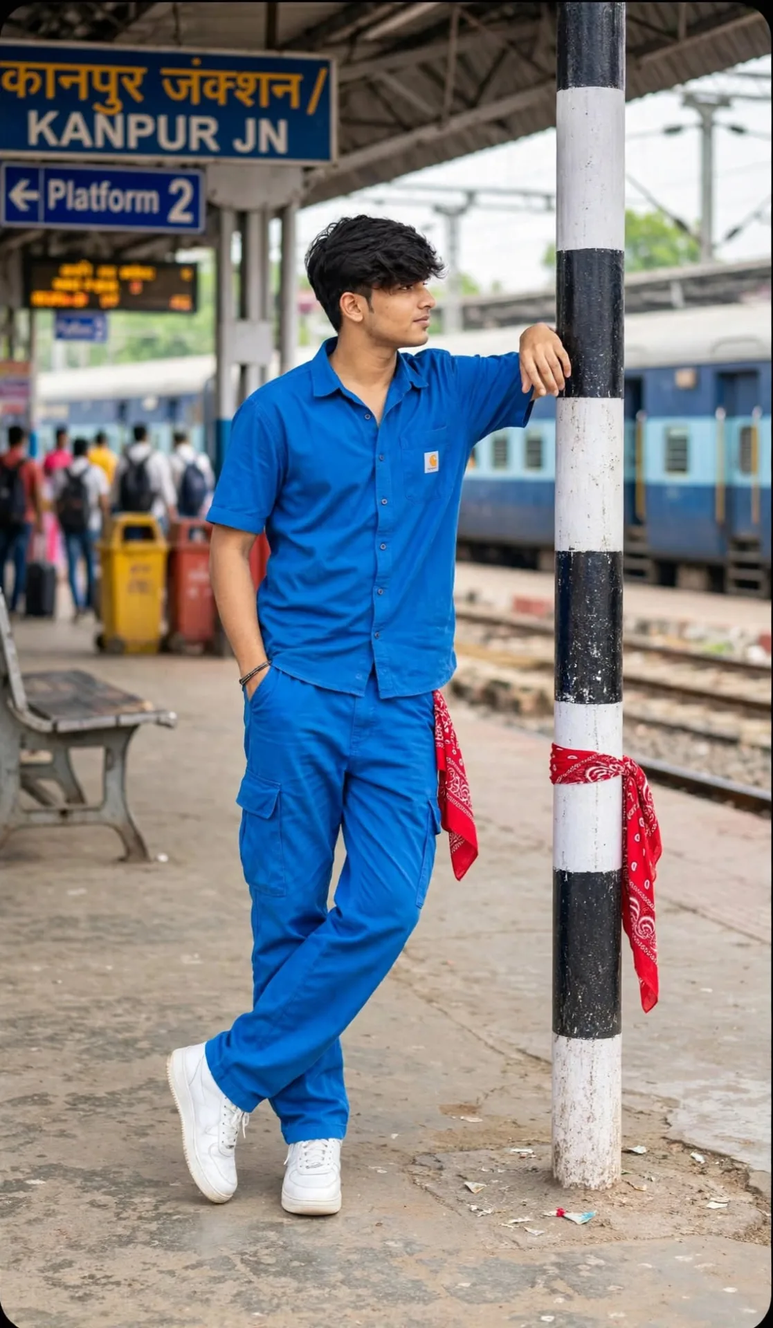 Stylish Outdoor Portrait in Blue Outfit - AI Photo Prompt