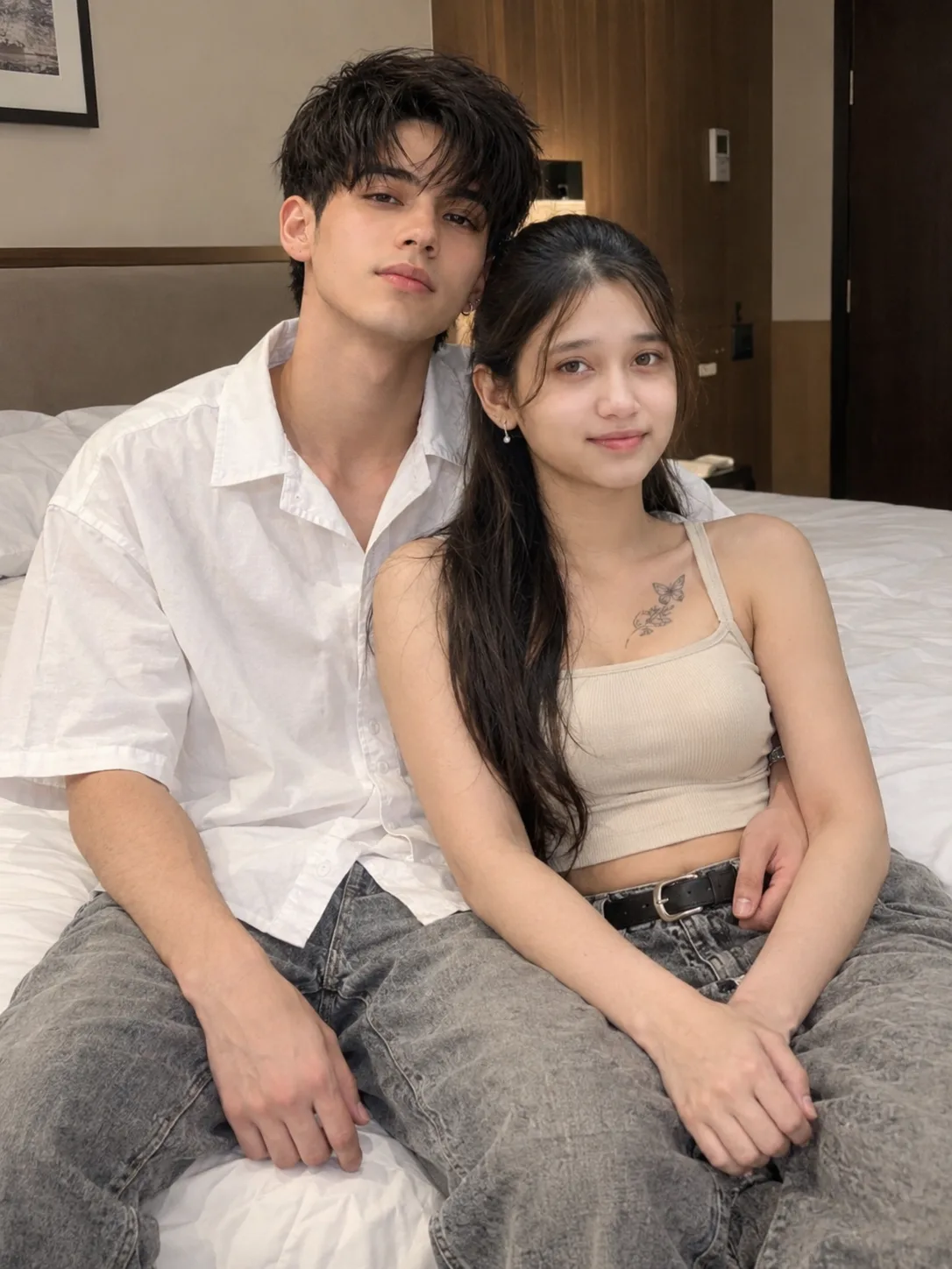 Ultra-realistic mid-shot of a couple sitting intimately on a hotel bed