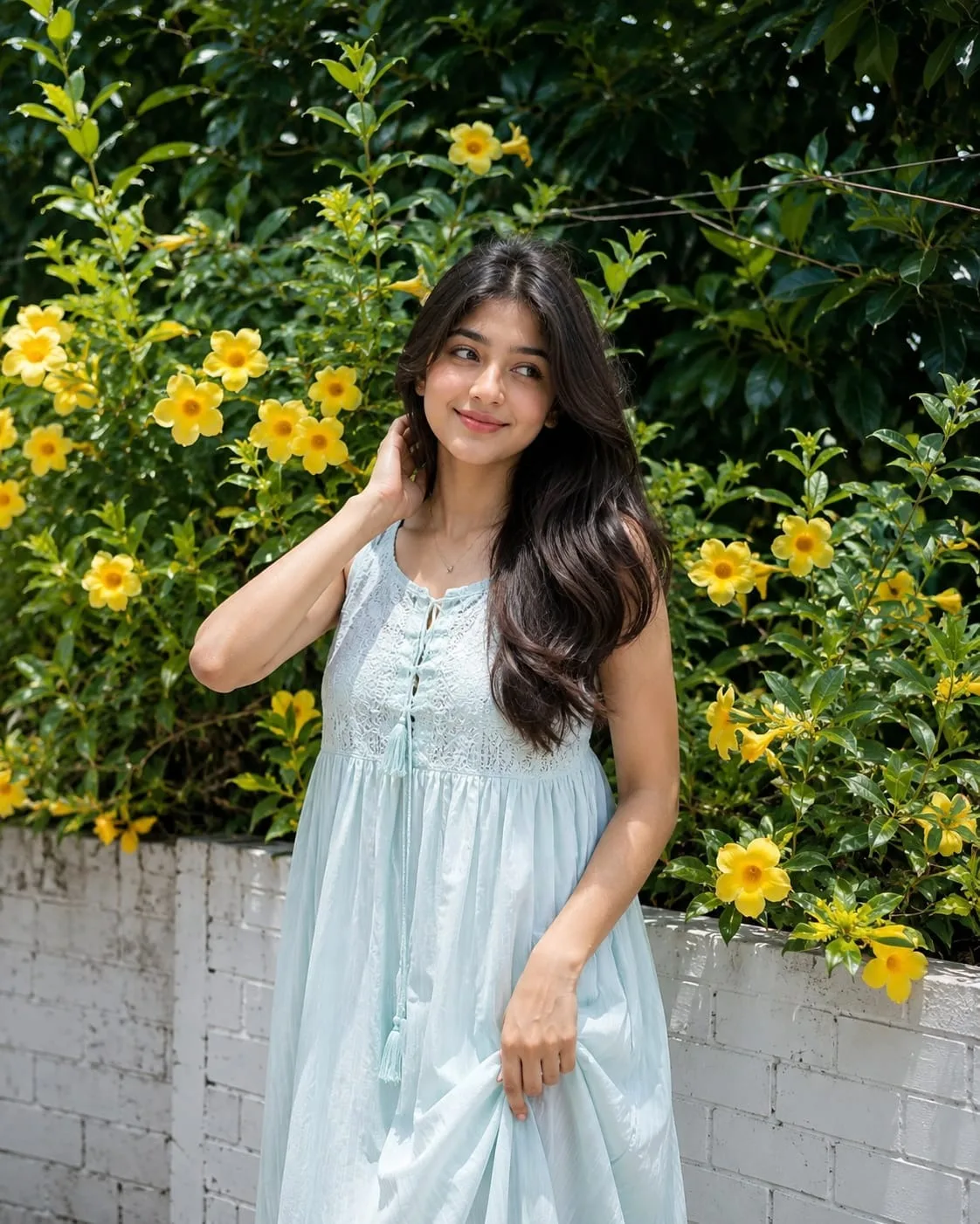 Girl standing naturally in a beautiful lush garden.