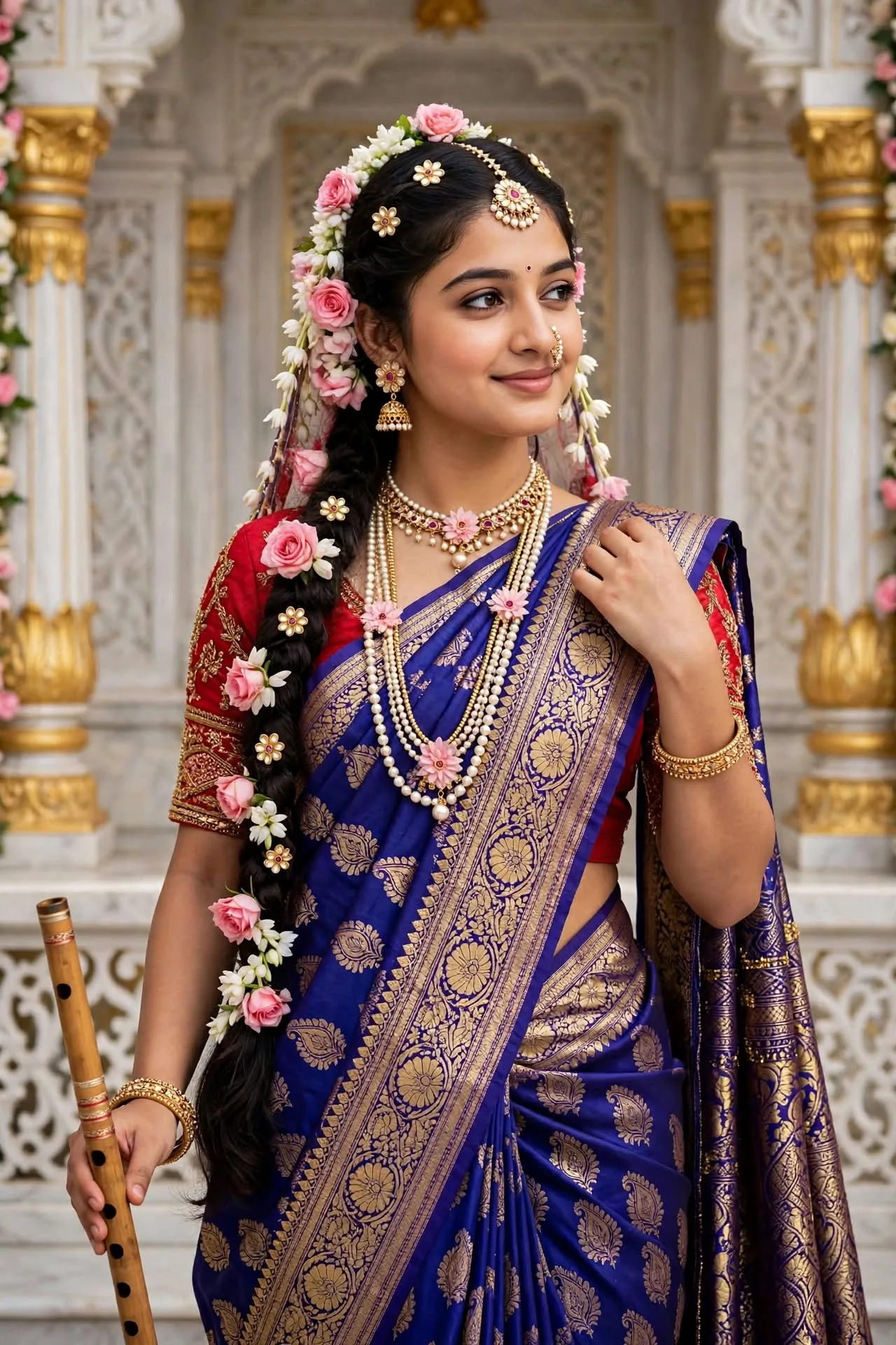 Divine Radha Playing Flute in Temple