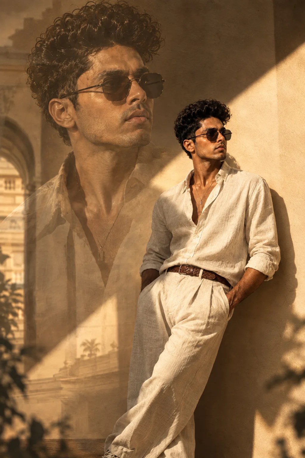 Ultra realistic high fashion cinematic double exposure portrait of a young man