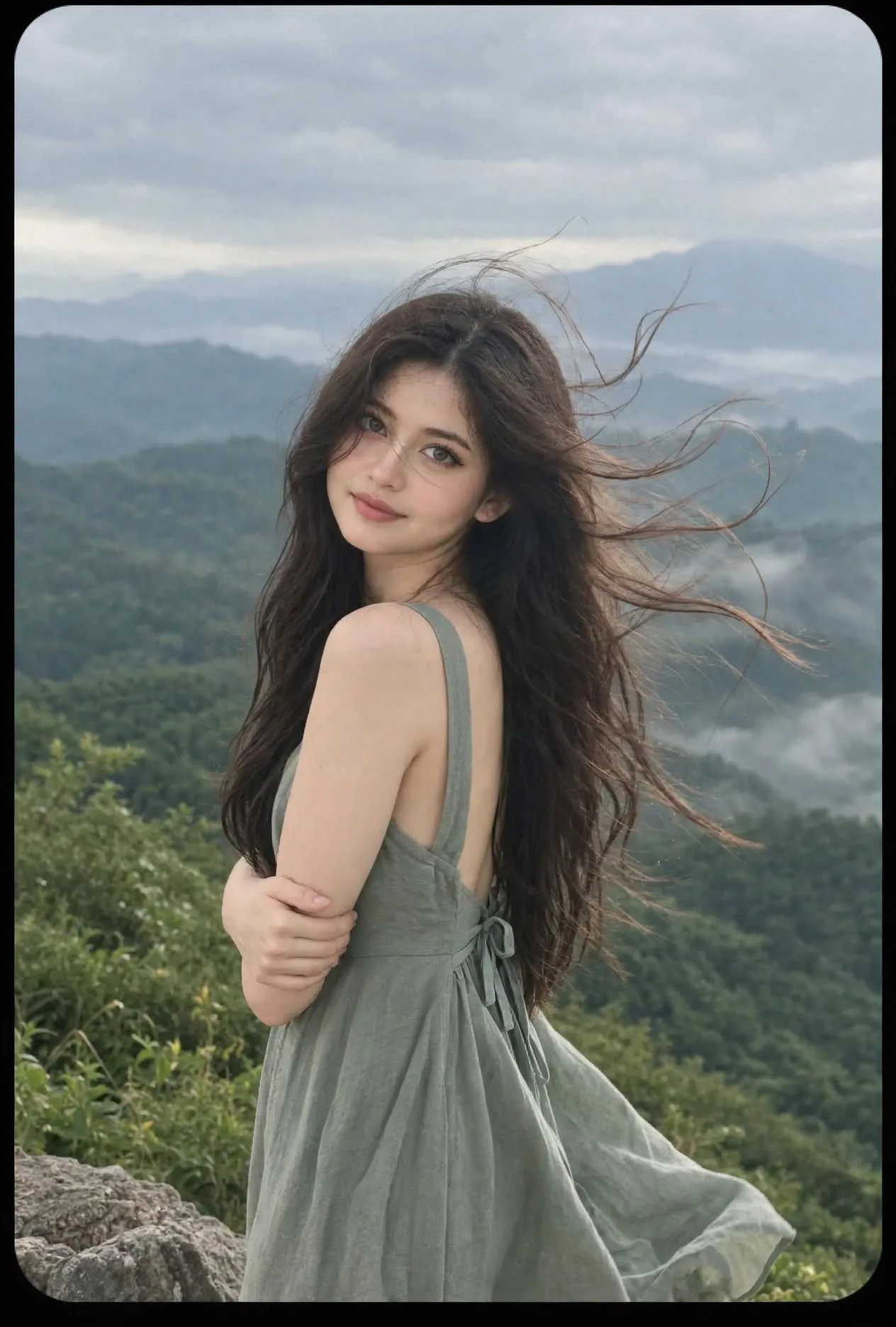 Misty Mountain Girl Portrait in Sage Dress