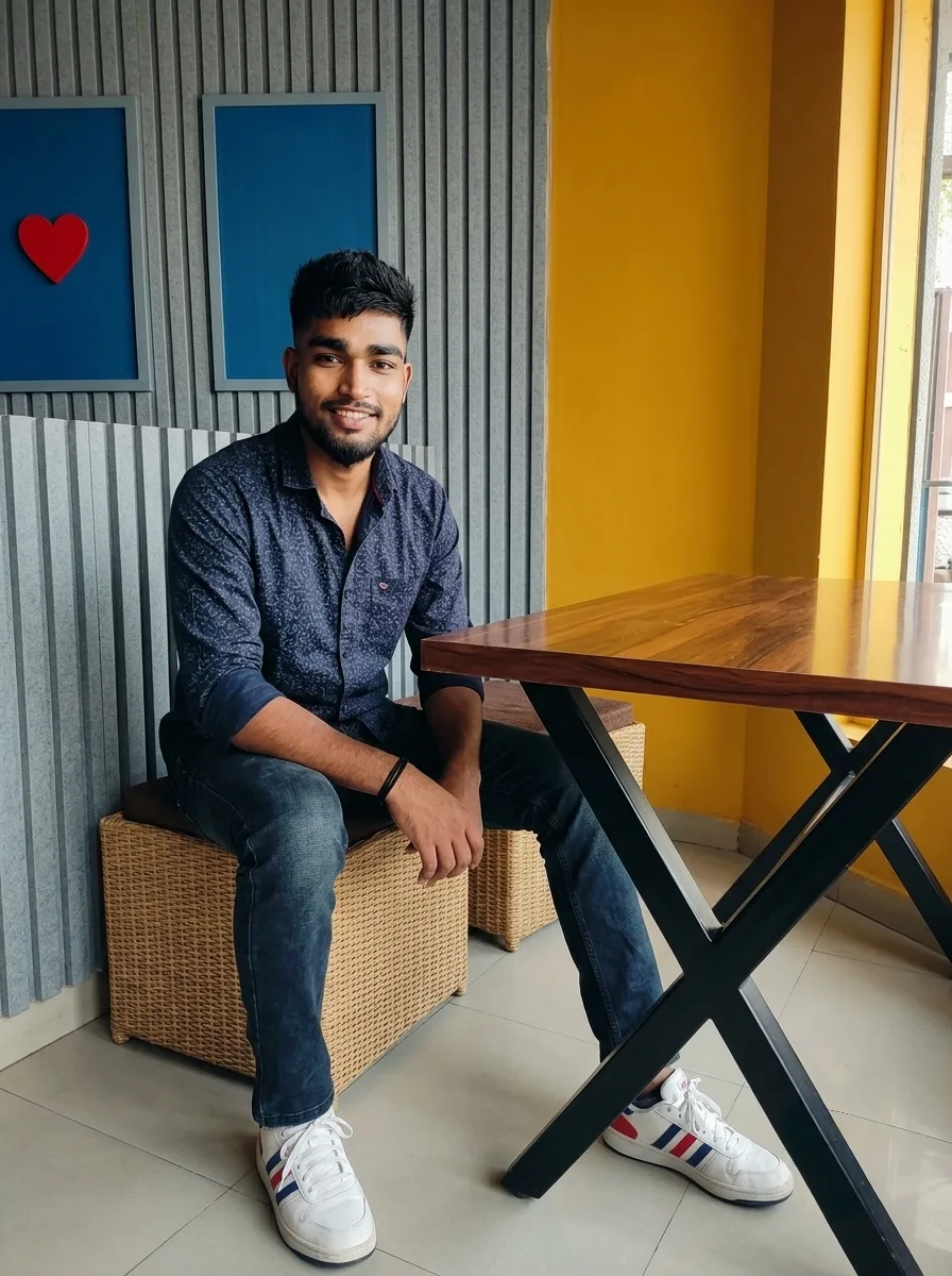 Modern Cafe Male Portrait Seated by Wooden Table in Navy Micro-Print Shirt Prompt