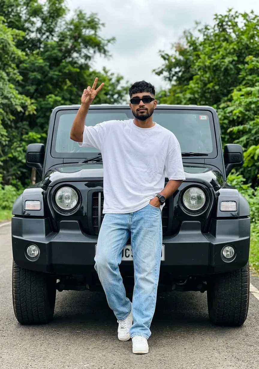 Black Thar 4x4 Male Portrait Leaning on Grille with Peace Sign Pose Prompt