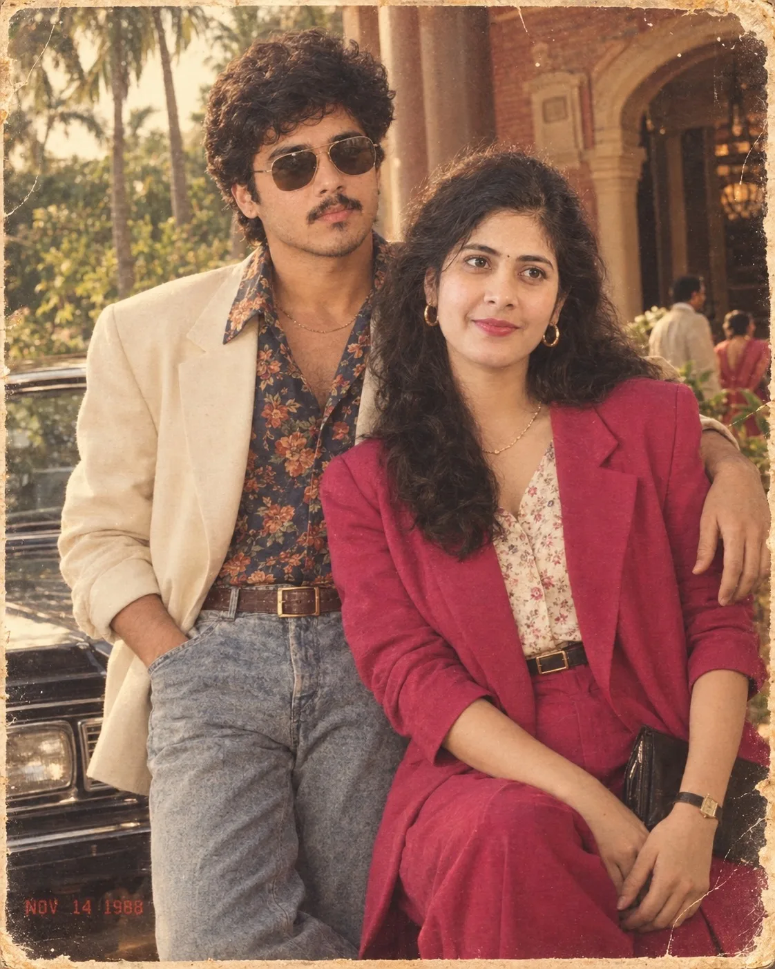Vintage 1980s Retro Indian Couple Portrait in Magenta Pantsuit & Cream Blazer Prompt