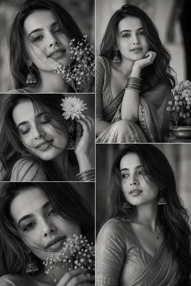 Elegant black and white photography grid featuring a South Asian woman in a traditional saree with classic jhumka earrin