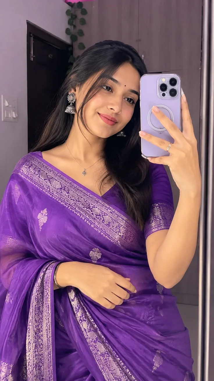 Elegant Purple Saree Mirror Selfie | Traditional Indian Beauty