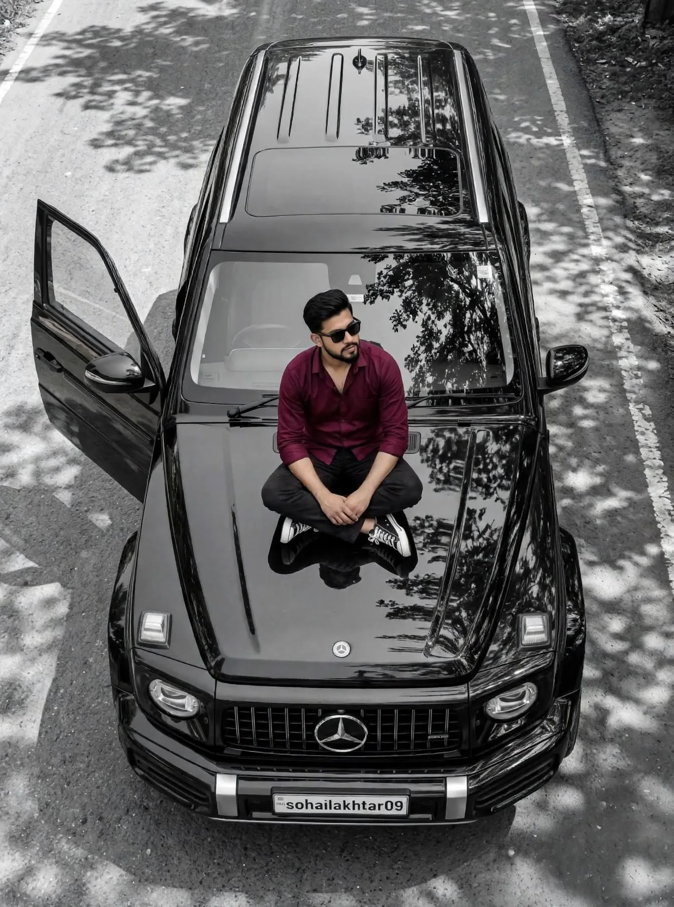 Black SUV Top-Down Portrait, Maroon Shirt Selective Color