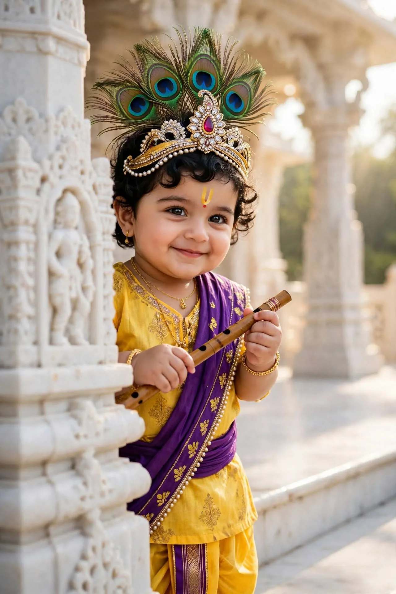 Cute Baby Krishna at White Marble Temple - Little Kanha with Flute 8K