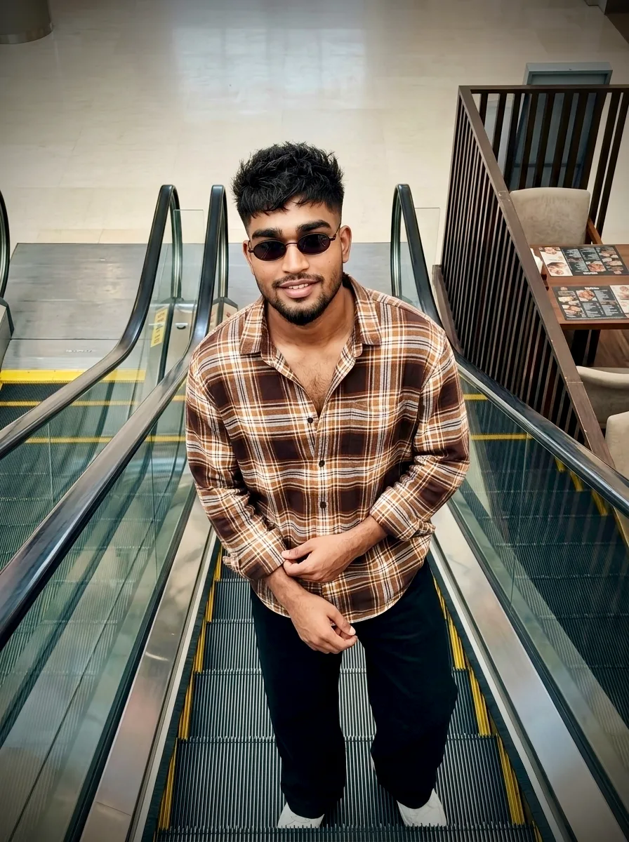 Urban Mall Lifestyle Male Portrait Riding Down Escalator in Plaid Shirt Prompt