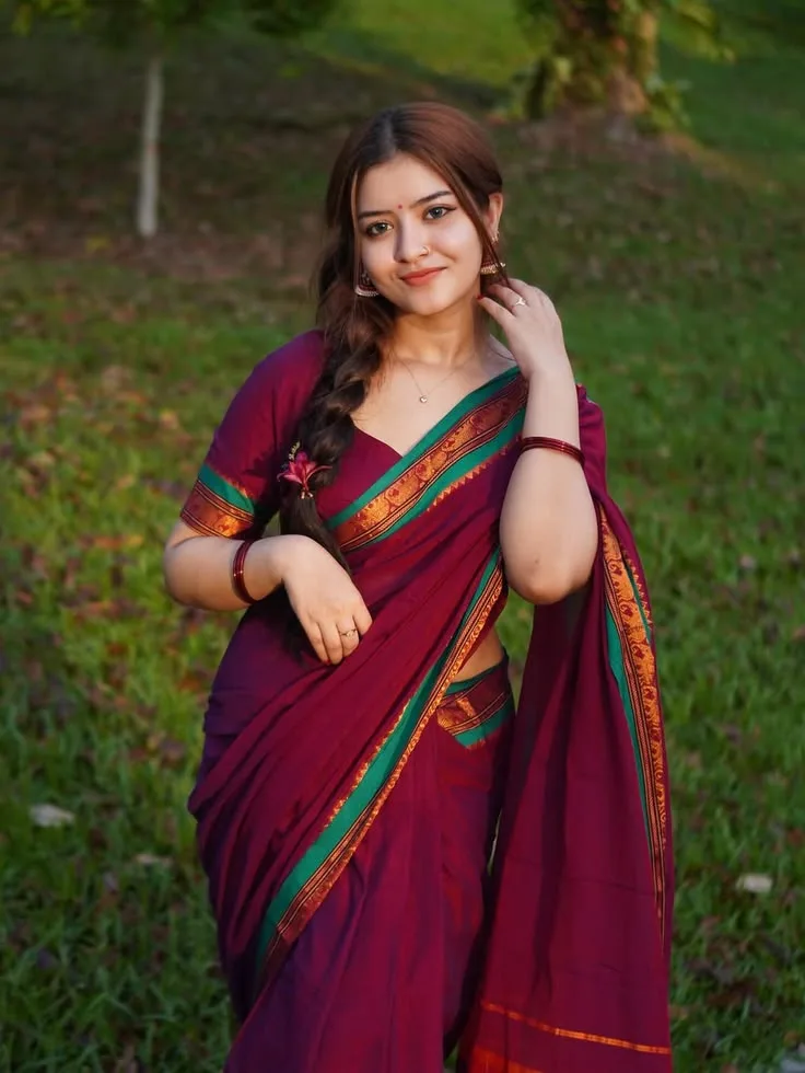 Traditional Wine Saree Ethnic Elegance, Golden Zari Maroon Saree Portrait, Graceful Outdoor Indian Saree Aesthetic