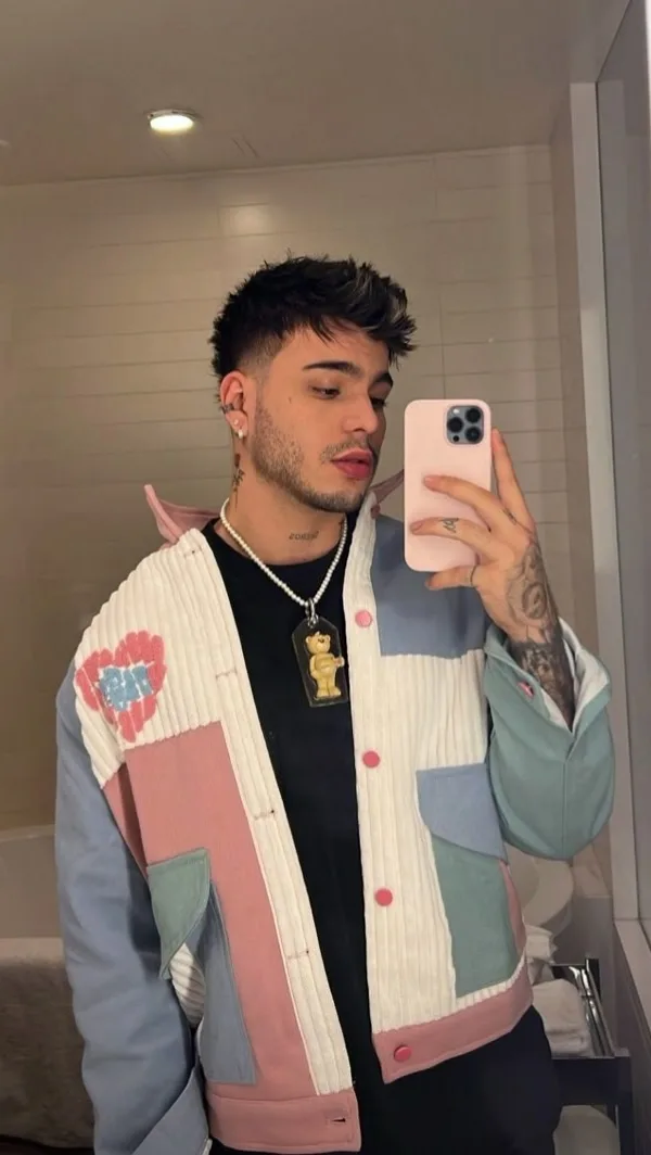 Candid Bathroom Mirror Selfie in Pastel Colorblock Corduroy Jacket