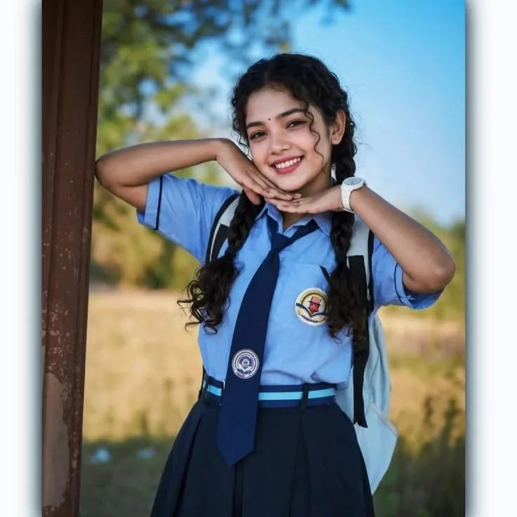Cheerful Indian School Girl Portrait in Uniform with Braided Hair Prompt