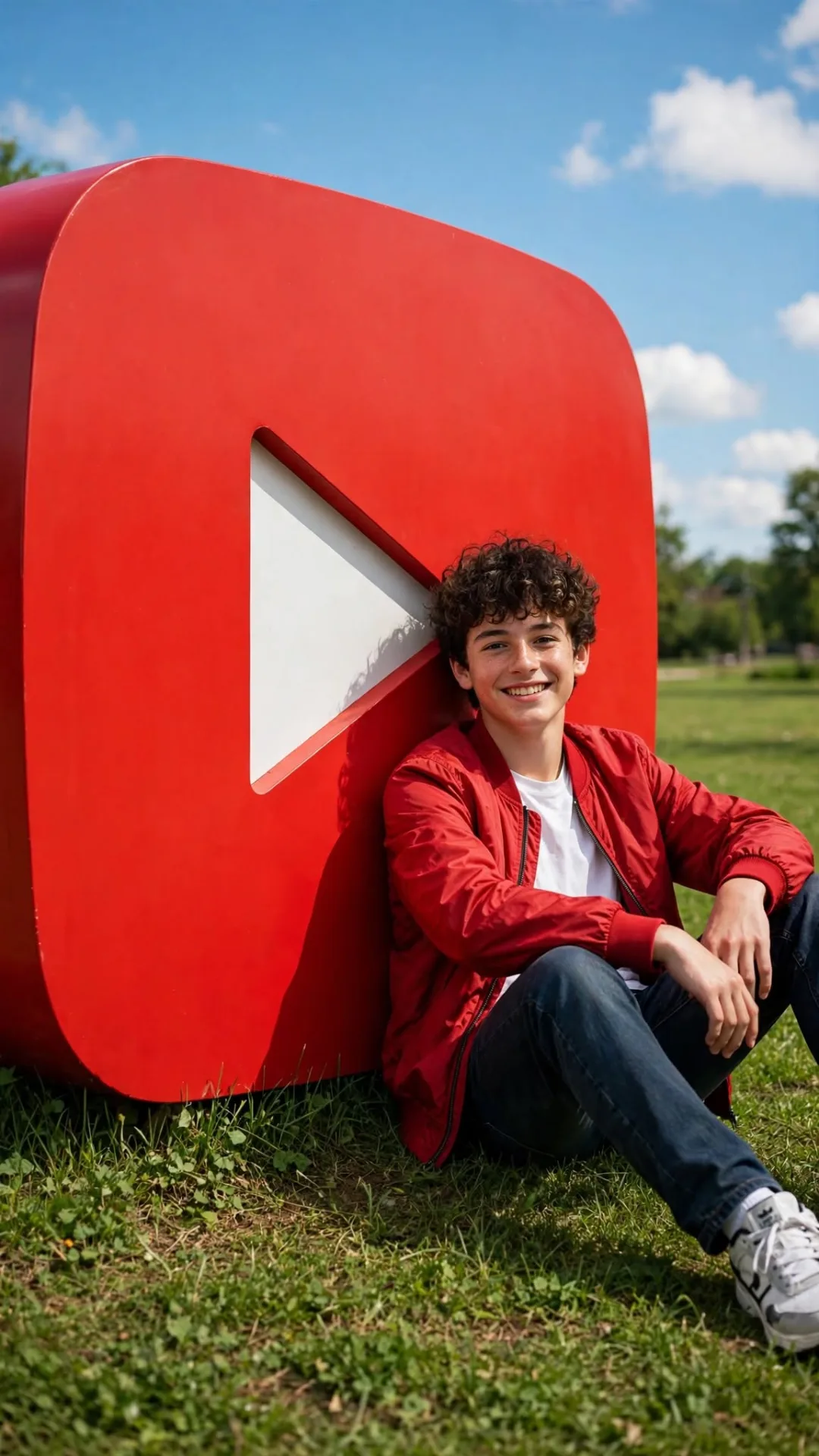 Giant YouTube Play Button - Creator Sitting in Park