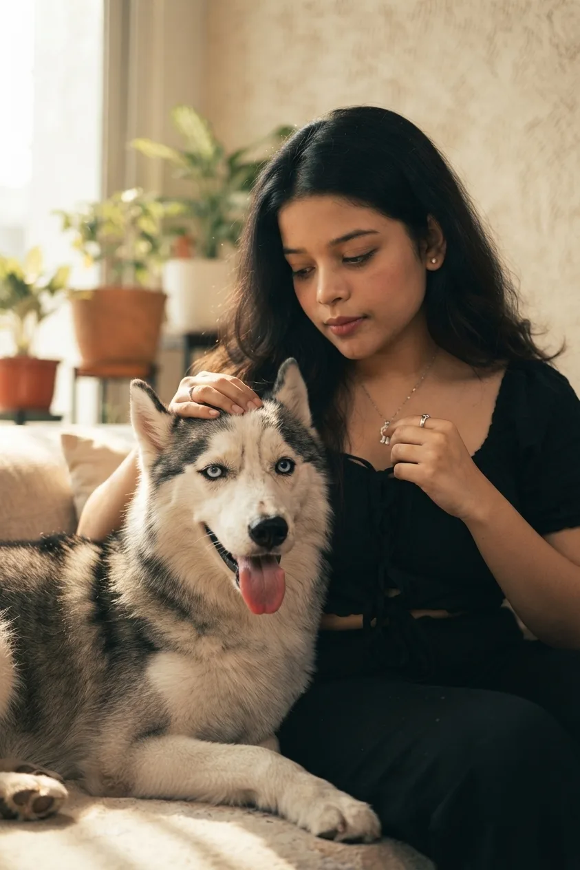 Create an ultra detailed cinematic portrait of a pet owner and dog