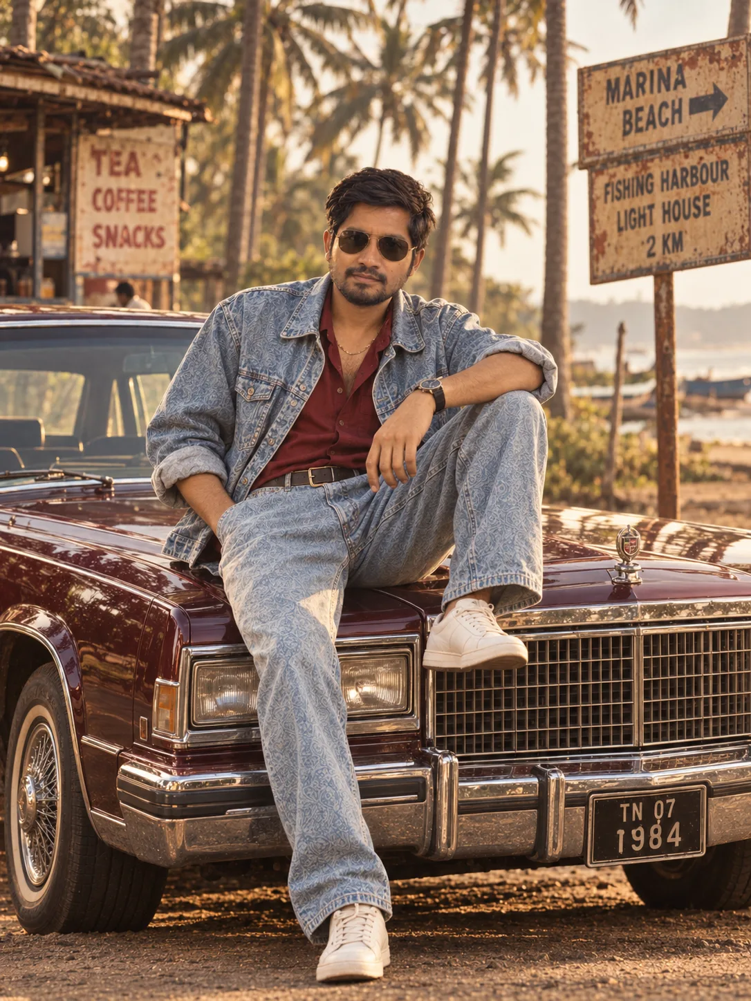 fashion portrait on vintage sedan