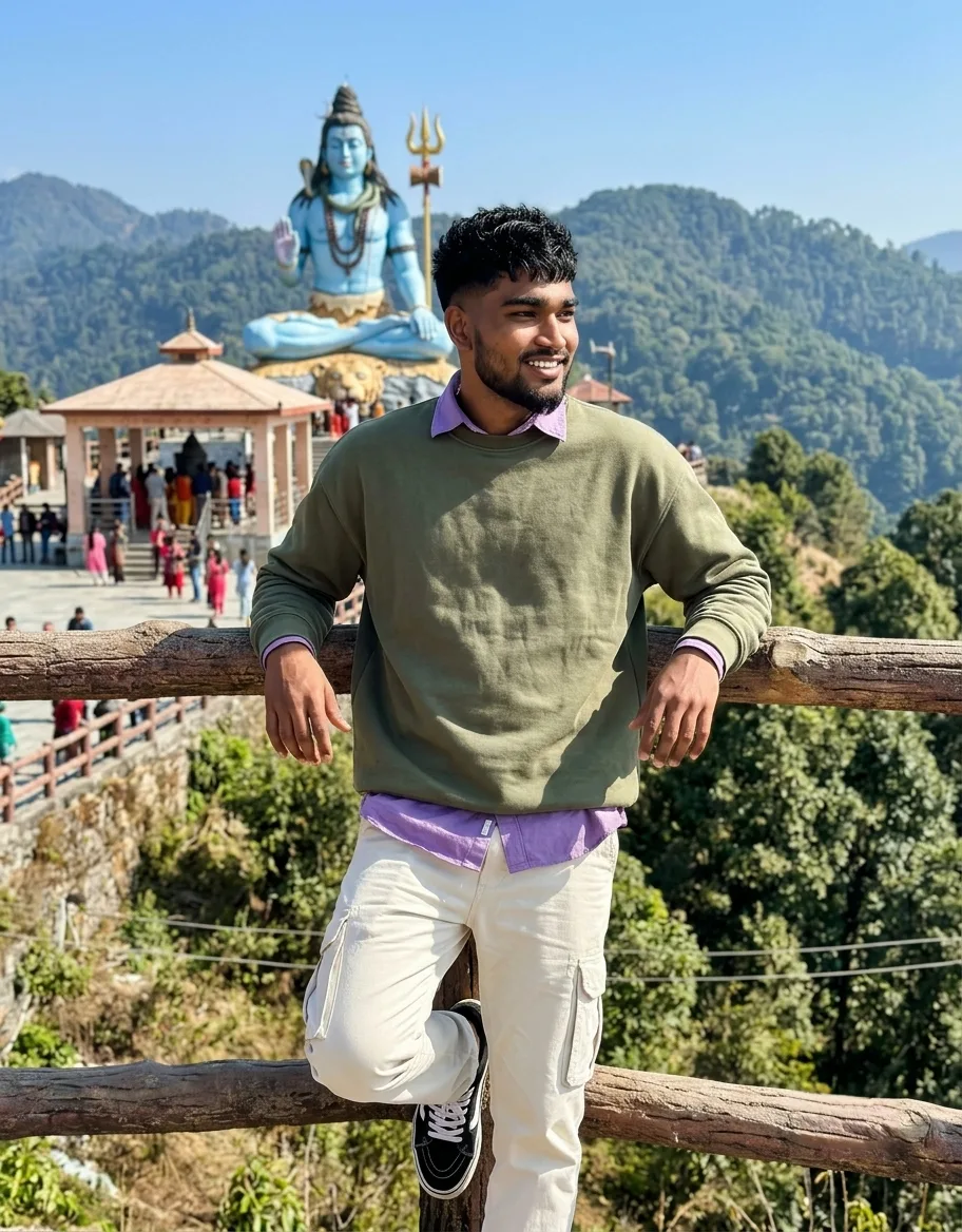 Scenic Mountain Temple Male Portrait with Giant Blue Lord Shiva Statue Prompt