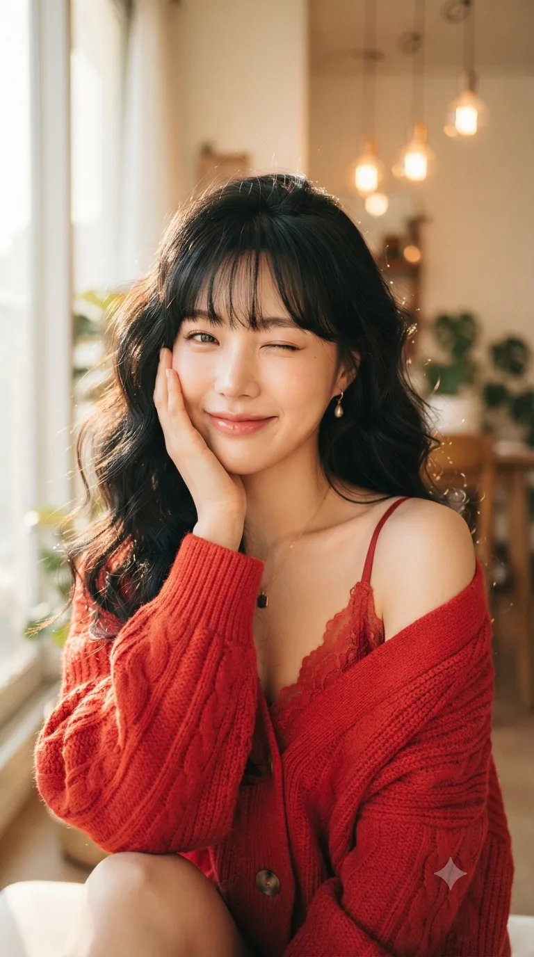 Portrait of a young East Asian woman playful and charming expression