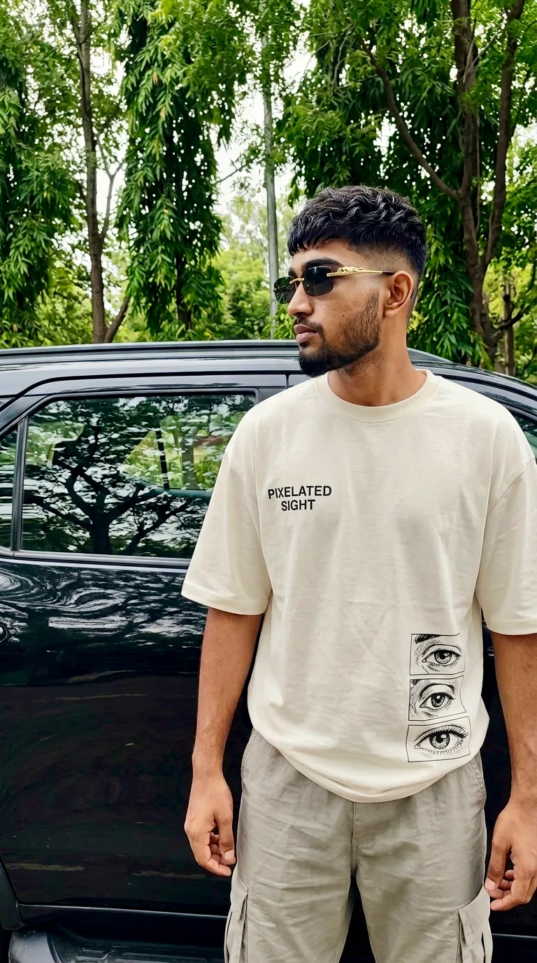 Candid Outdoor Streetwear Portrait of Young Man Beside Black Car