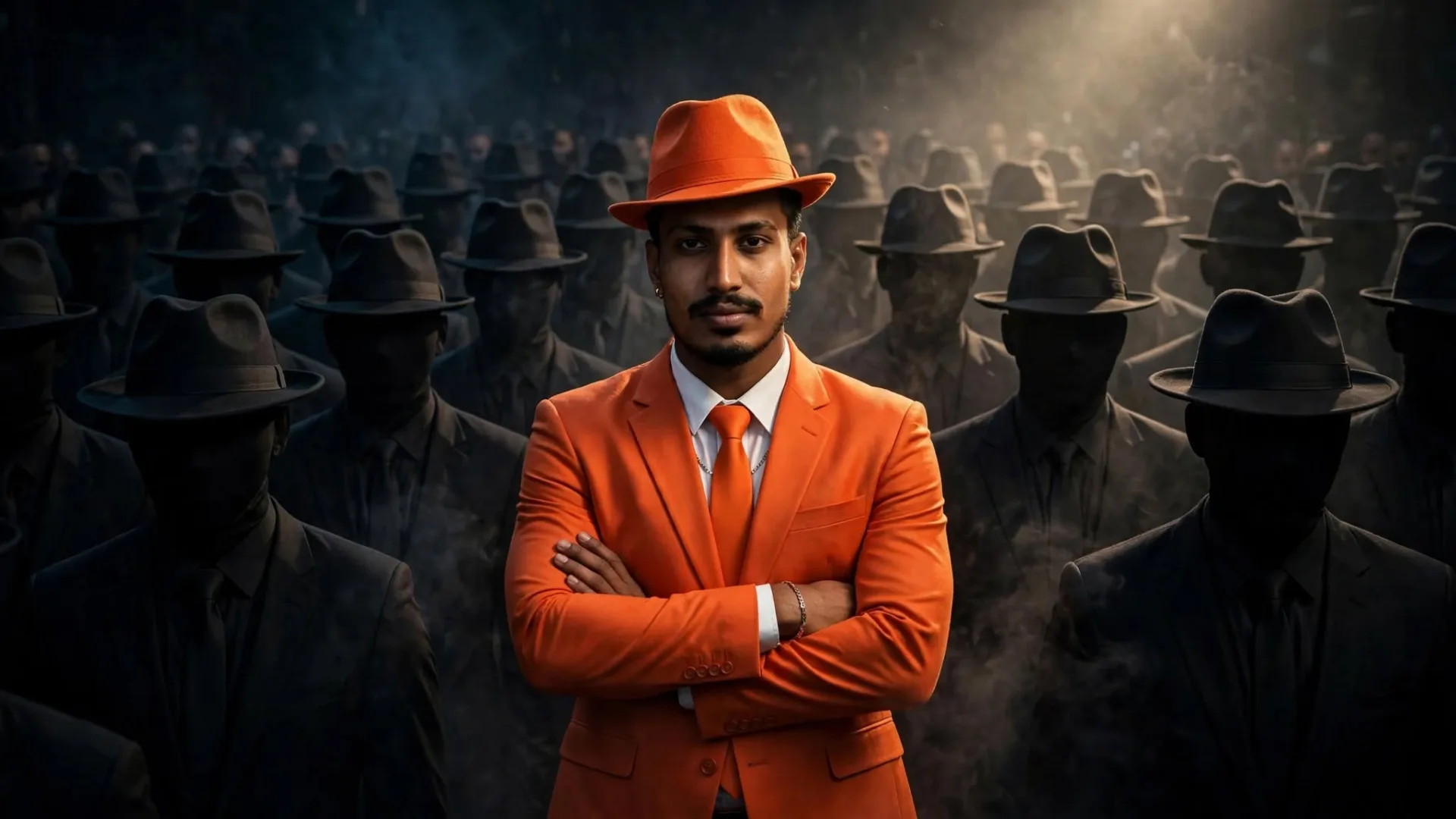 Stand Out Crowd - Man in Orange Suit Cinematic Portrait