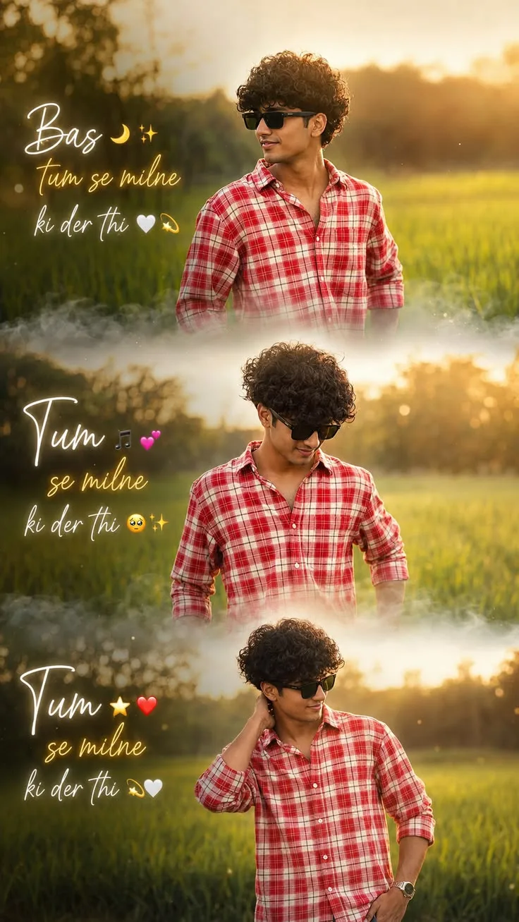 Three-Tier Golden Hour Field Portrait Collage of Young Man in Plaid Shirt