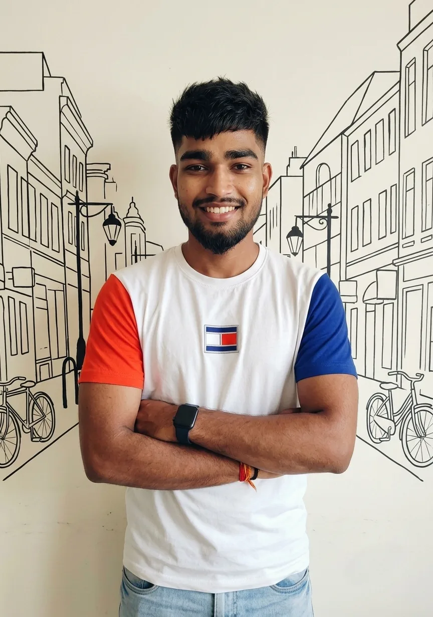 Indoor Cafe Male Portrait with Arms Crossed Against Urban Sketch Wall Art Prompt