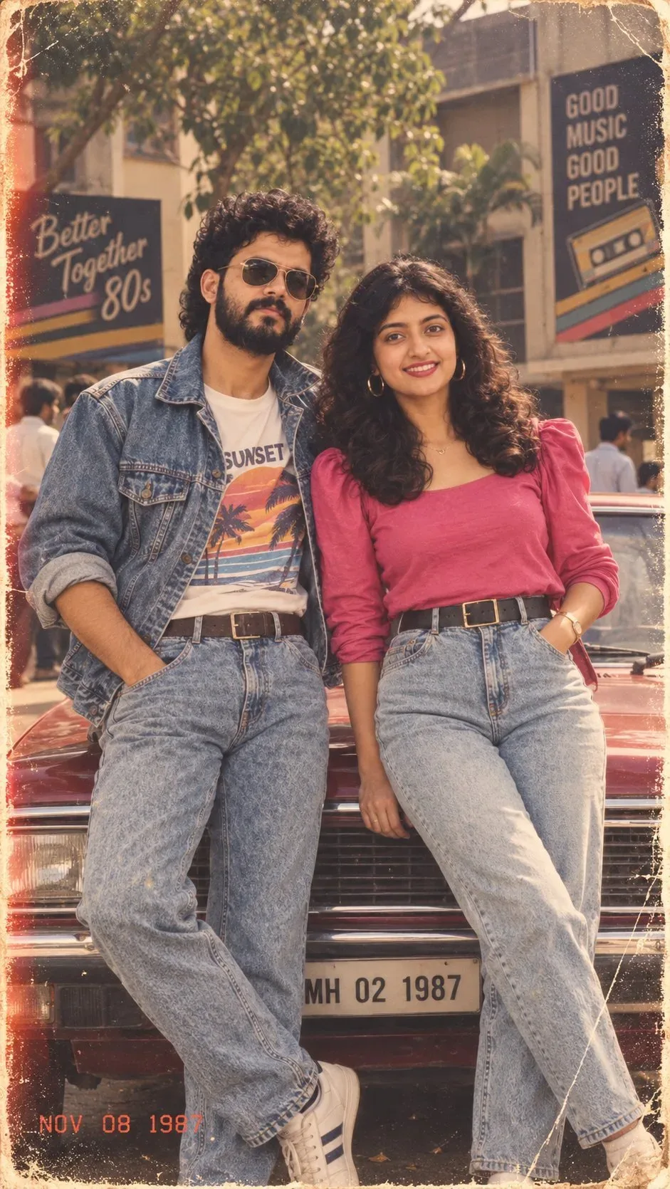 Vintage 1980s Retro Indian Couple Portrait Leaning on Classic Maroon Car Prompt