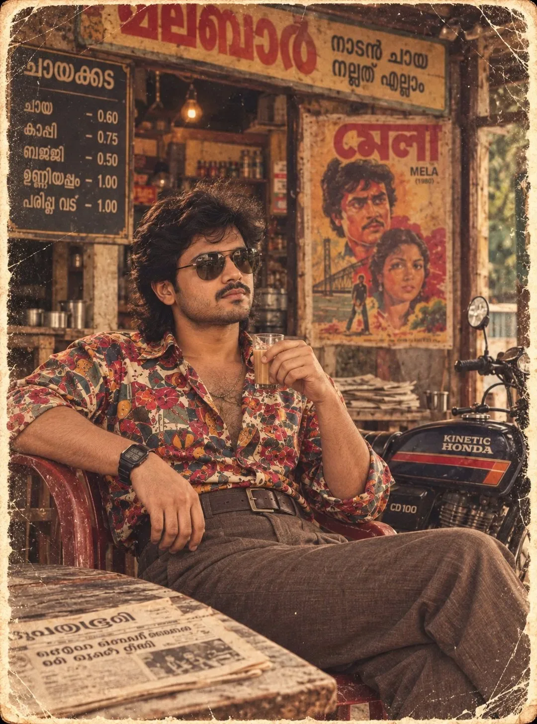 Vintage 1980s Kerala Tea Stall Male Portrait with Glass of Chai Prompt