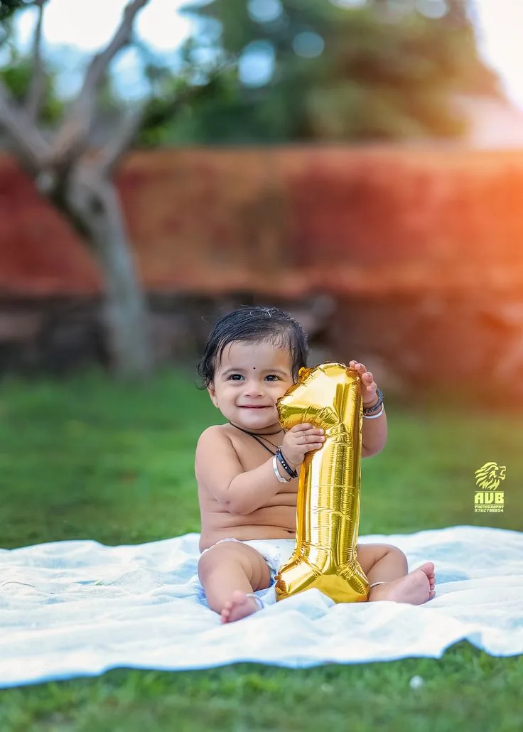 Joyful Baby Boy First Birthday Garden Portrait, Charming Golden Number One Foil Balloon Baby Photoshoot, Radiant Outdoor