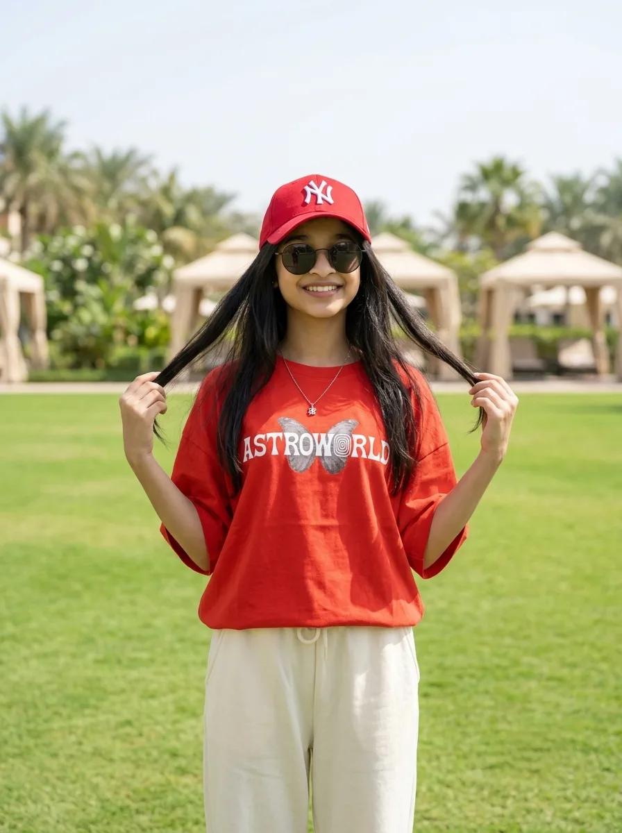 Streetwear Lifestyle Female Portrait in Red Astroworld Tee & NY Baseball Cap Prompt