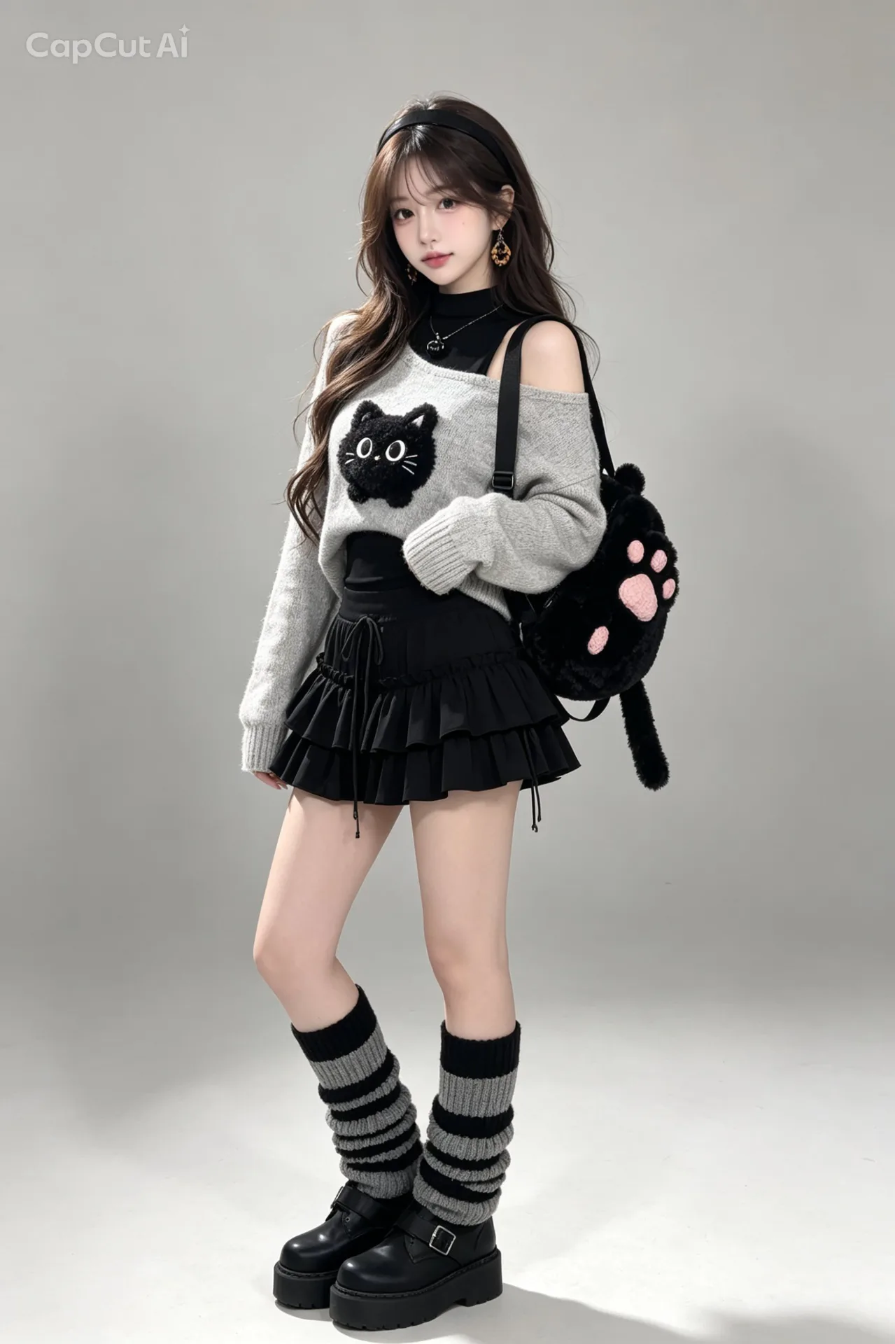 shot in a grey knit cat sweater