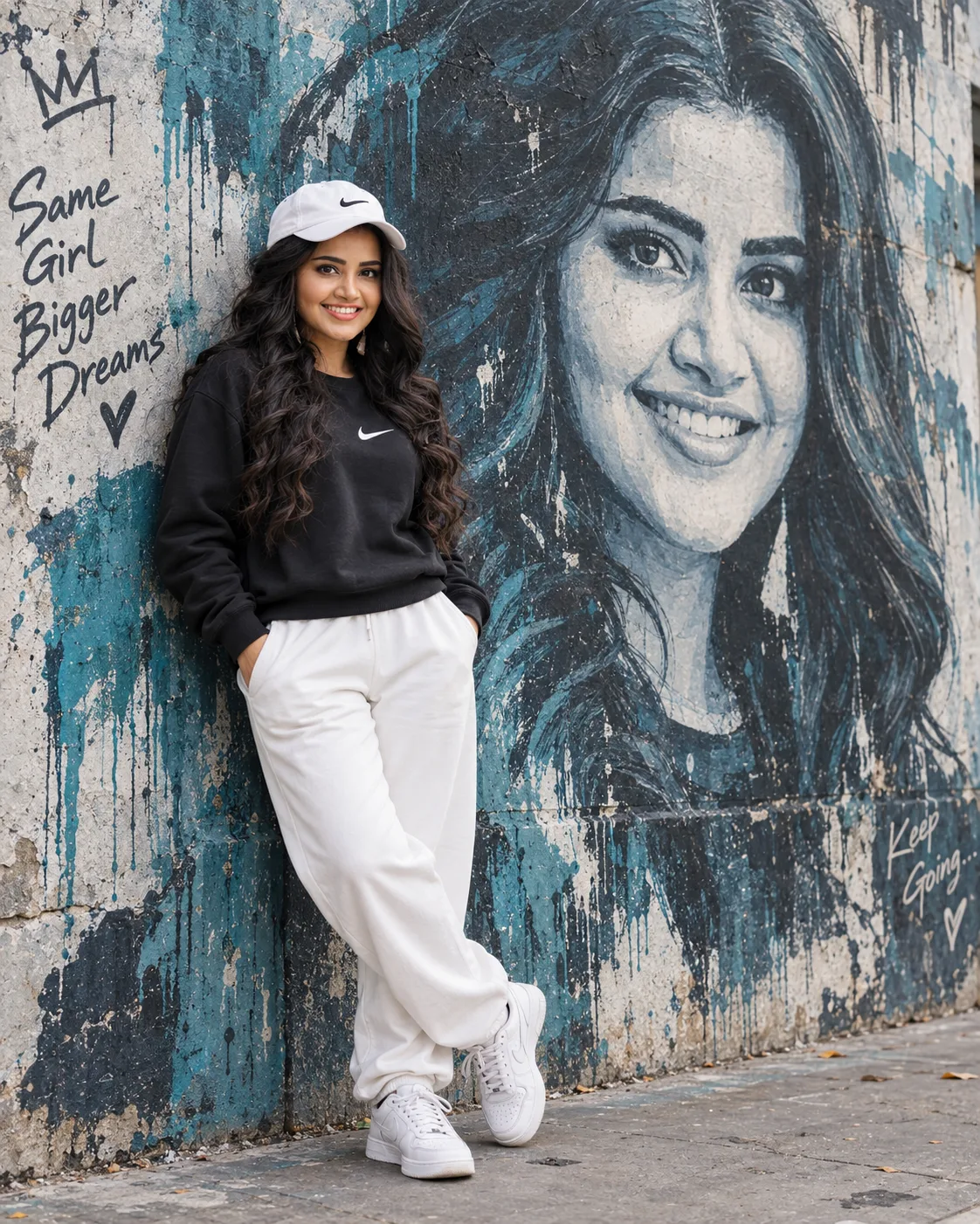 Urban Street-Fashion Portrait with Oversized Hand-Painted Mural and Casual Confident Pose