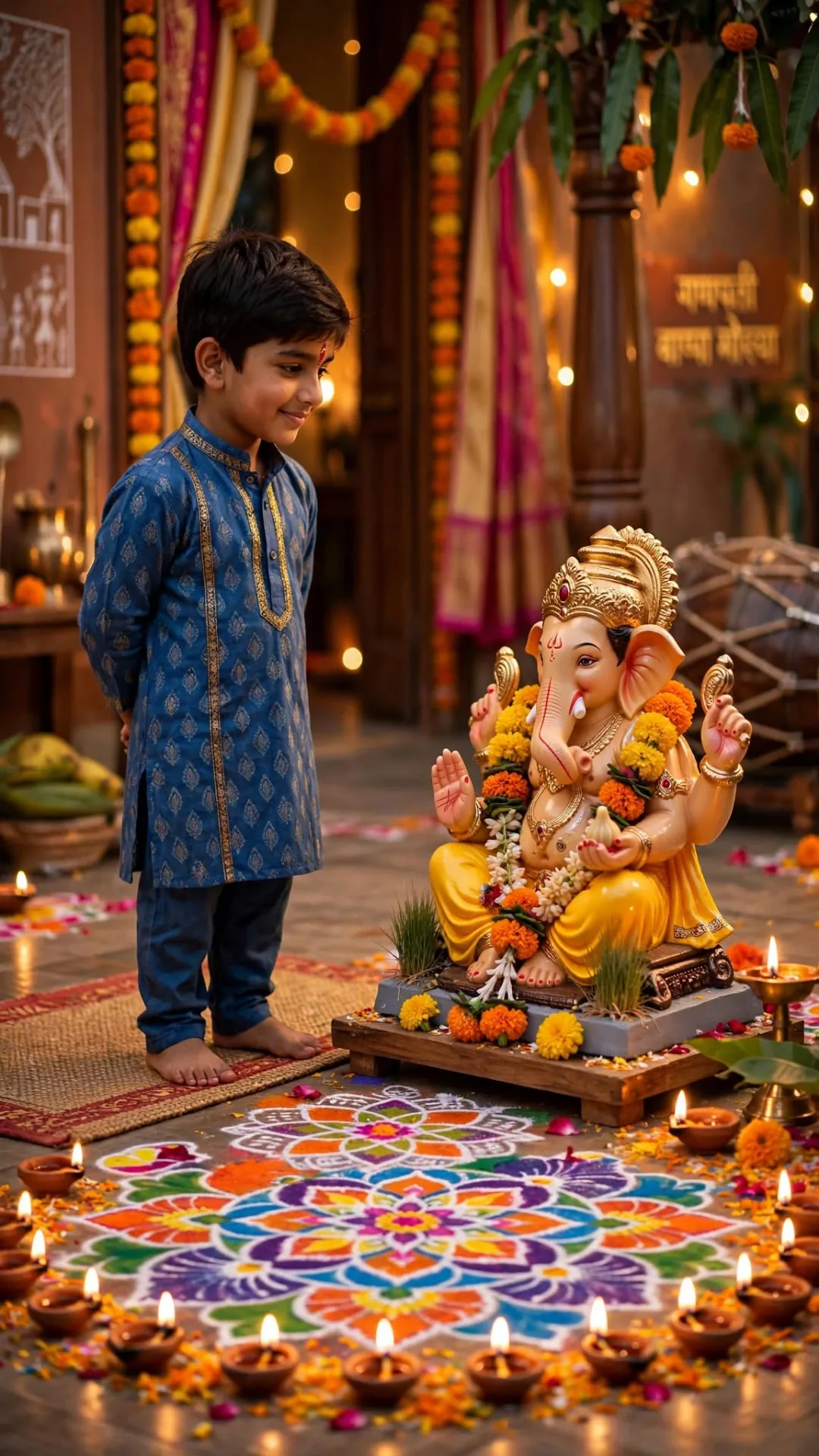 Cute Boy with Ganesh Idol - Ganesh Chaturthi Festive Prayer 9:16