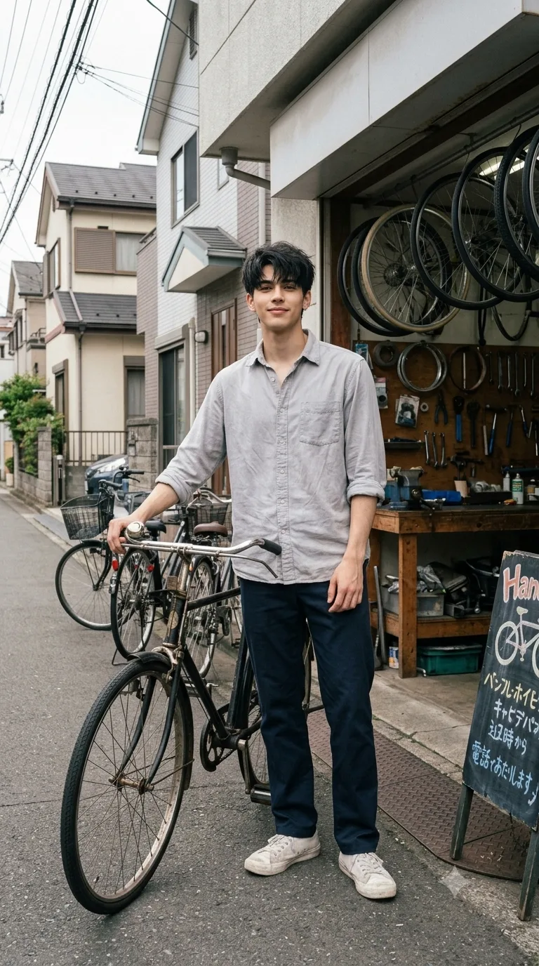 Boy at a Quiet Bicycle Repair Shop