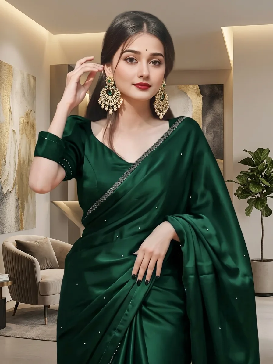Elegant Portrait of a Young Women in an Emerald Green Silk Sari