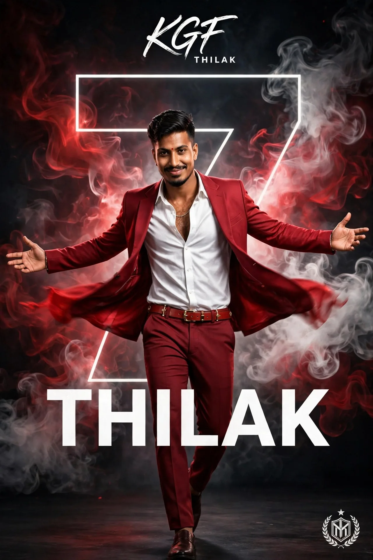 KGF THILAK 7 Birthday Banner - Red Suit Walking Pose Smoke 8K Same Face`