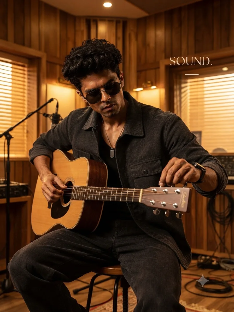 Young man musician tuning an acoustic guitar inside a recording studio