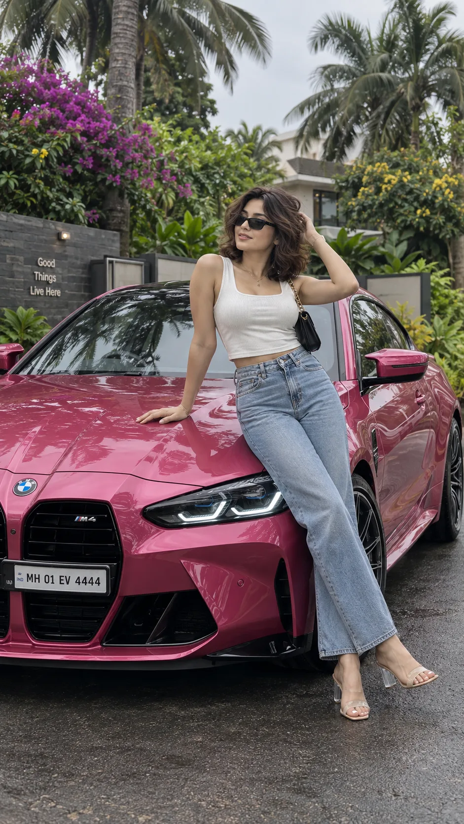 Ultra realistic cinematic portrait of a south asian woman in front of Pink BMW