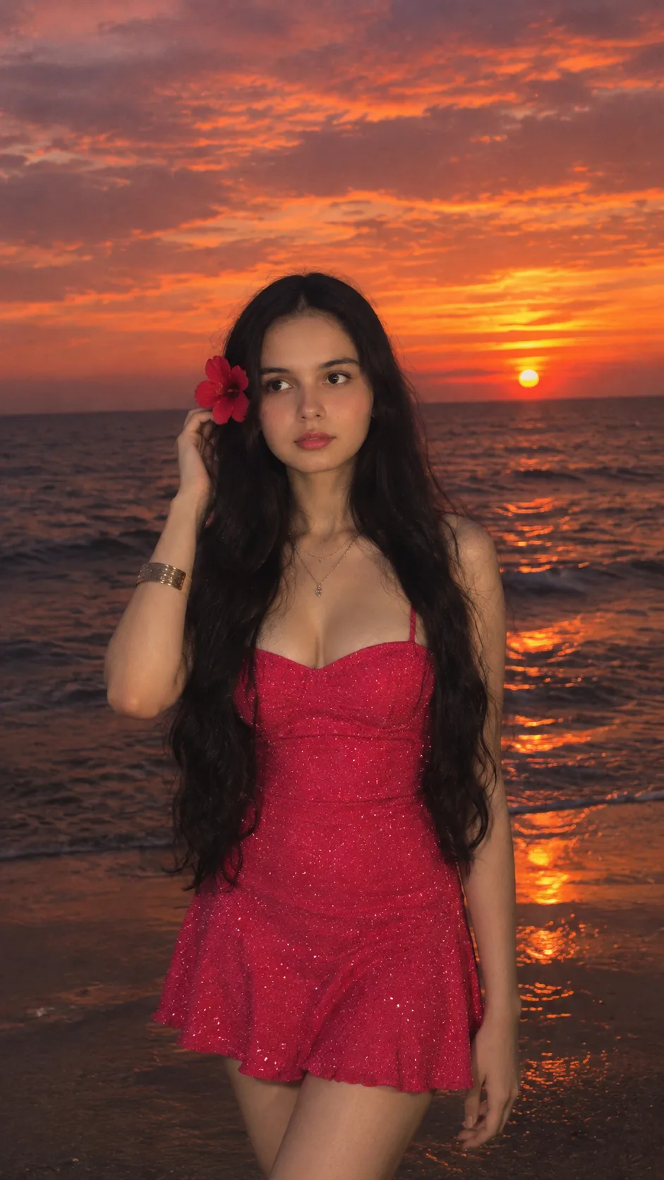 Red Flower Sunset- Cinematic Ocean Portrait 🌺