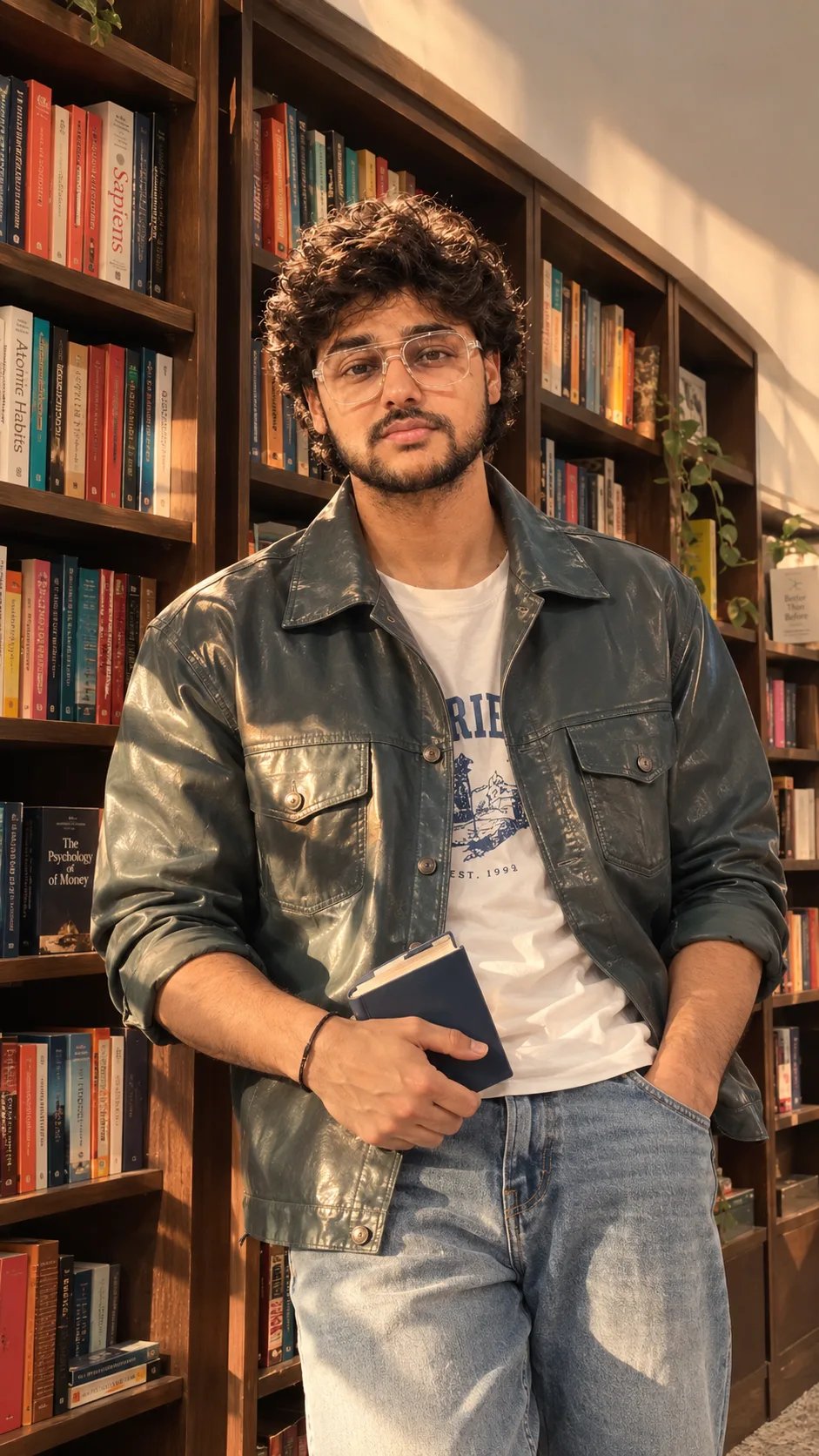 The result has a cozy, cinematic bookstore feel, with the warm sunlight and teal jacket.