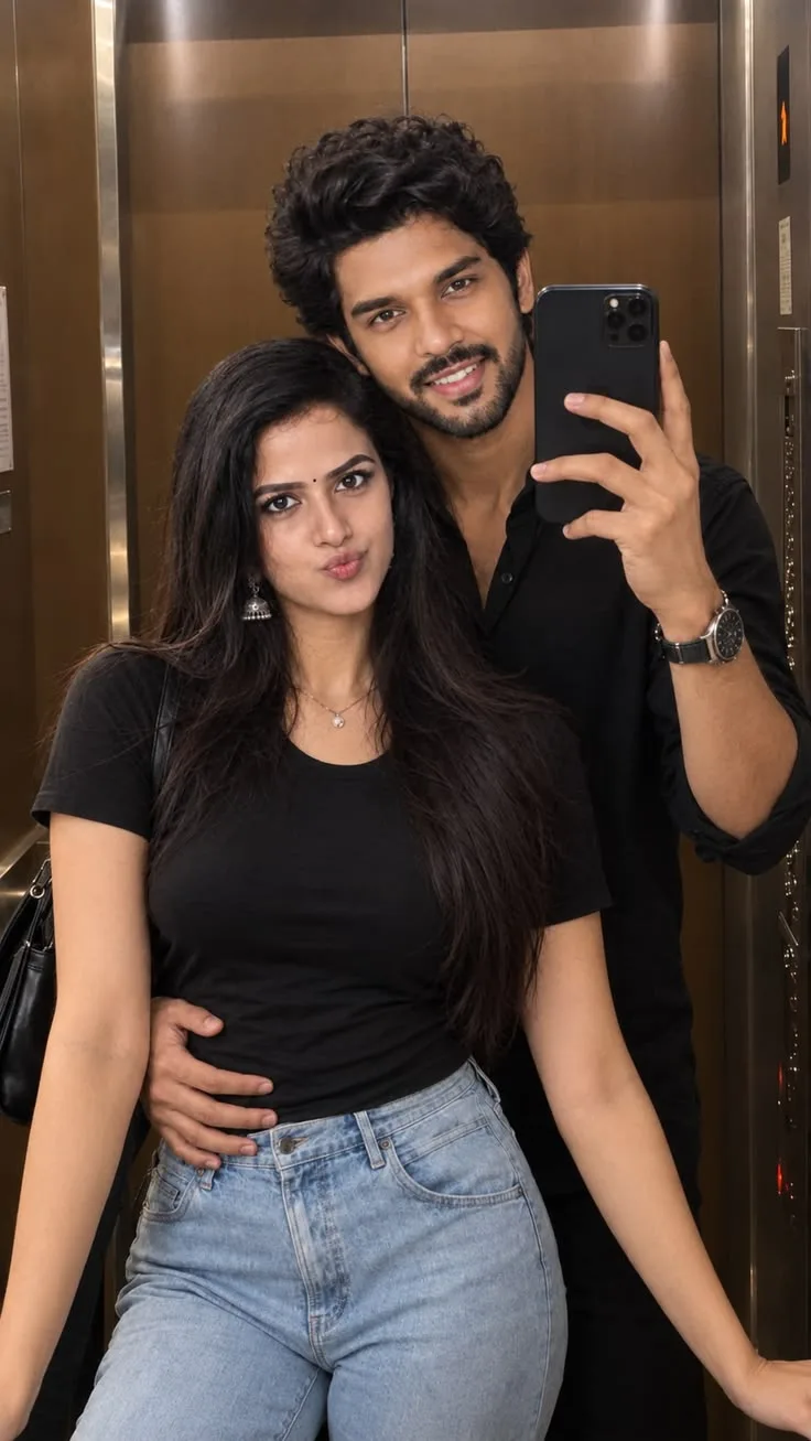 Candid Elevator Mirror Selfie of Young Couple in Matching Black Tops