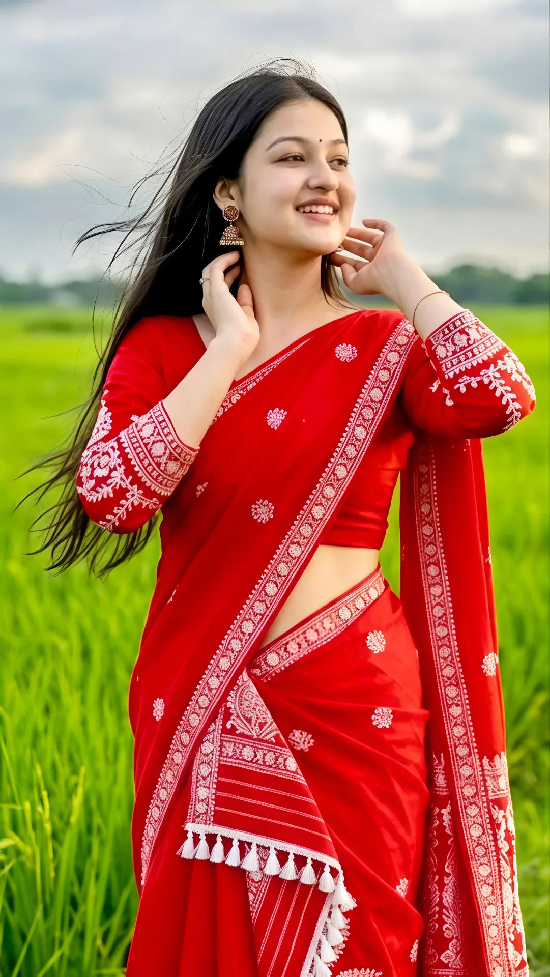 Charming Outdoor Portrait in Red Traditional Saree