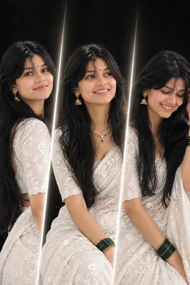 Elegant White Saree Three-Panel Fashion Portrait