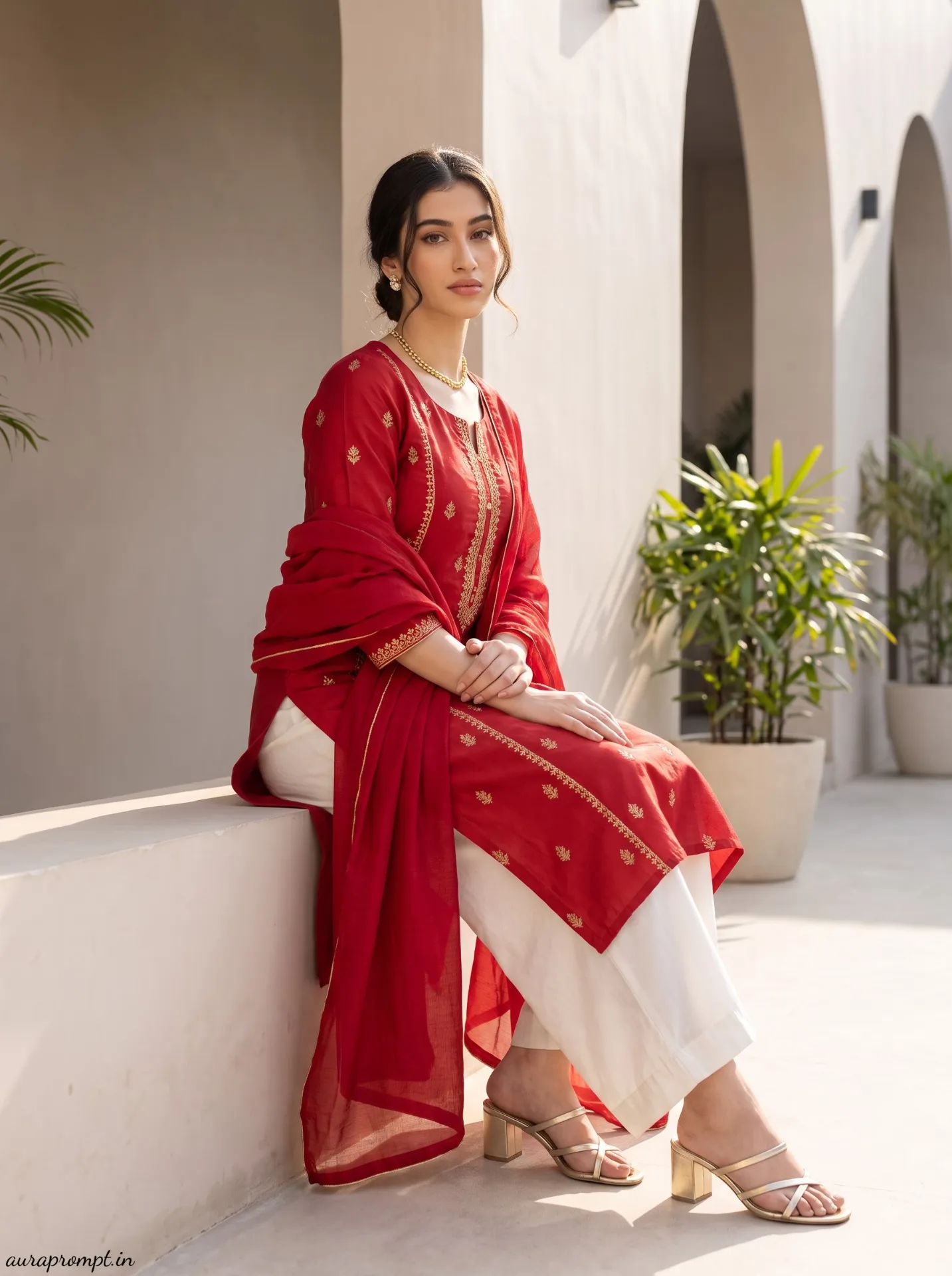 Red Kurti with White Trousers, a Girls in Kurti AI Photo Prompts