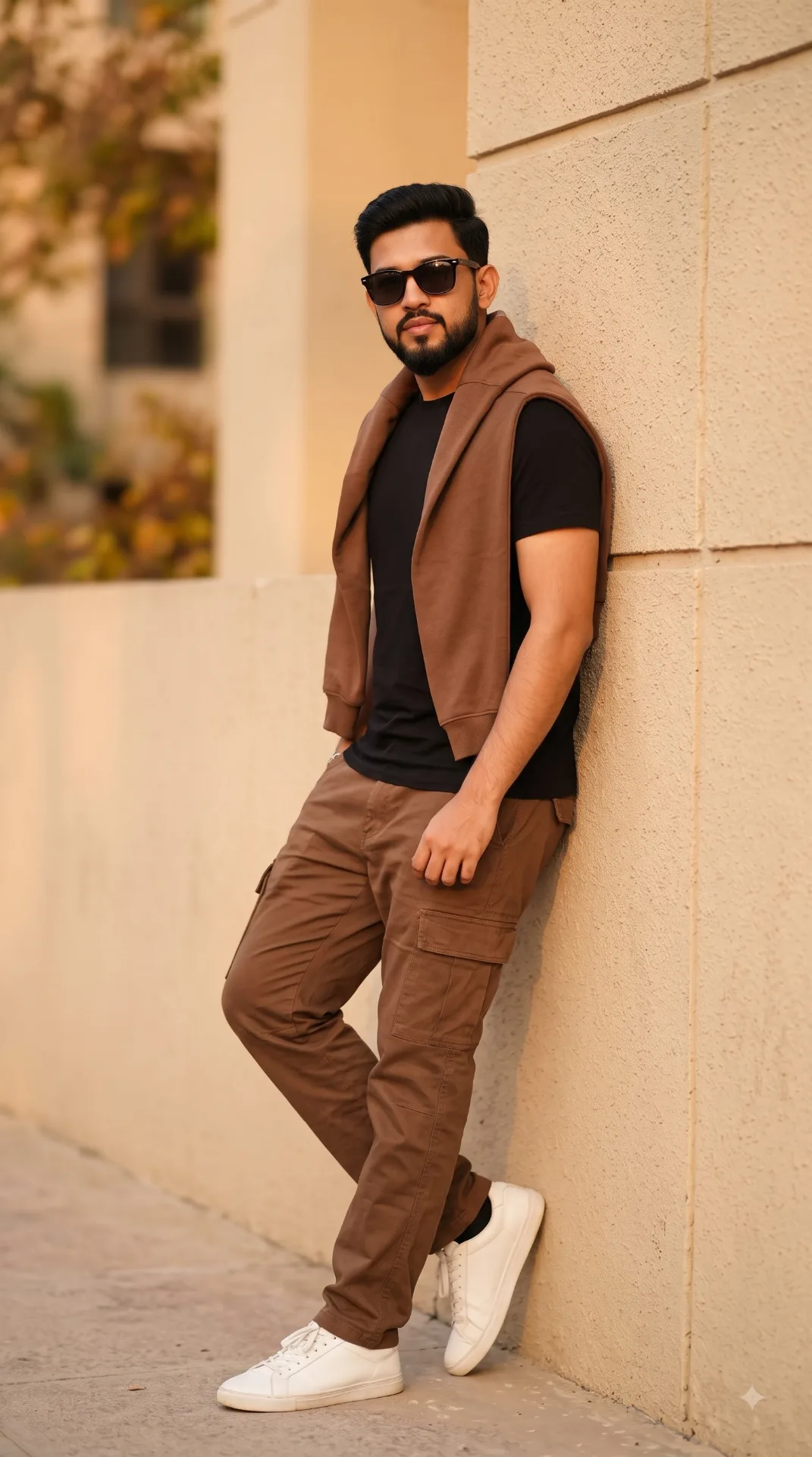 black T-shirt, brown cargo pants, sunglasses, and a brown sweater