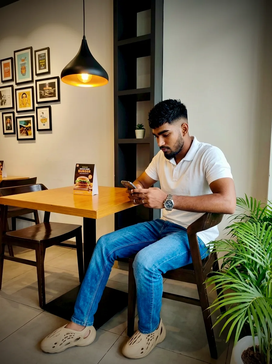 Modern Urban Male Cafe Lifestyle Portrait with Smartphone Prompt